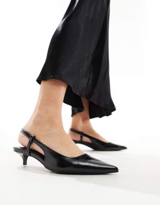 Pull & Bear Pointed Toe Slingback Kitten Heels In Black