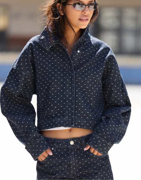 Pull&Bear Polka dot denim jacket in navy - view 1