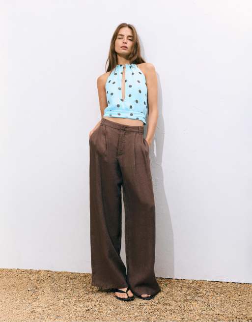 Pull&Bear Polka dot halter top with cut-out in pale turquoise, 5 of 7