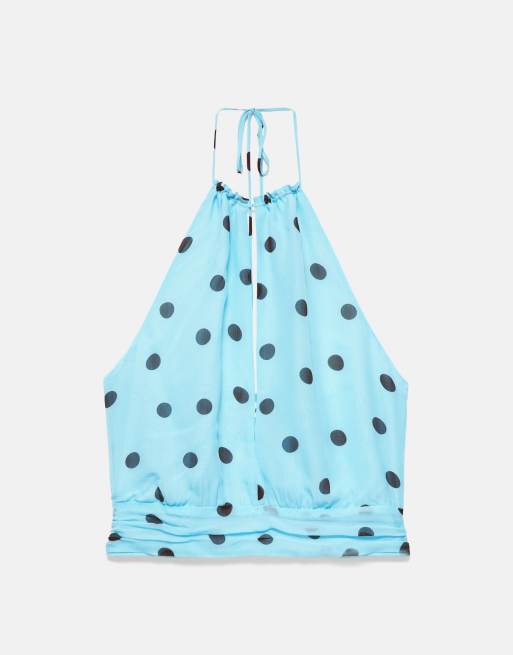Pull&Bear Polka dot halter top with cut-out in pale turquoise, 6 of 7