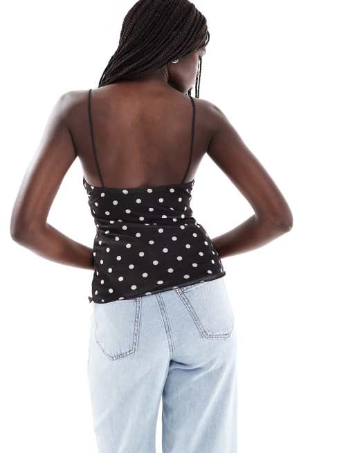 Pull&Bear polka dot ruched bust cami top in black 