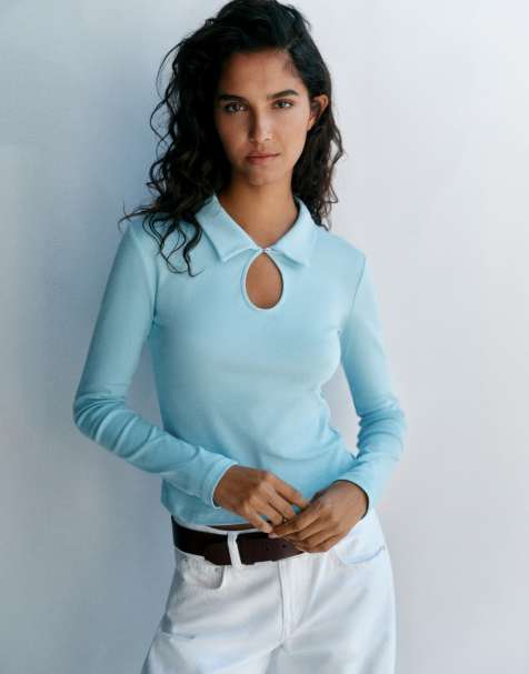 Pull&Bear polo à manches longues avec découpes bleu pâle - view 1