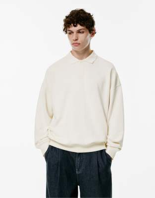 Pull & Bear - Polo à manches longues - Blanc cassé