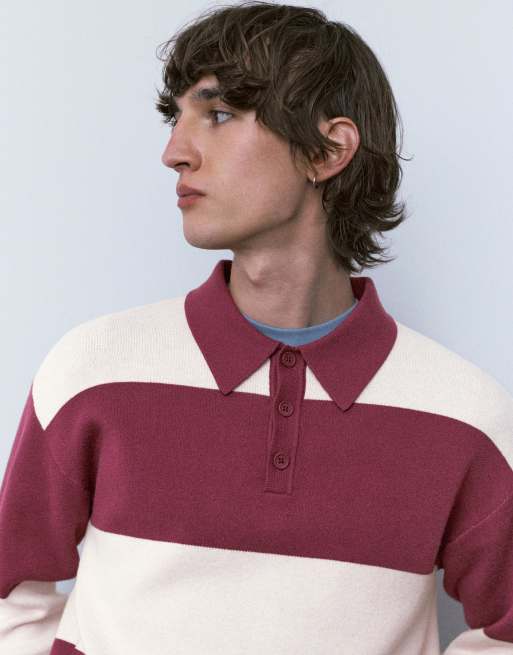 Pull&Bear - Polo à manches longues et empiècement - Bordeaux, 4 de 4