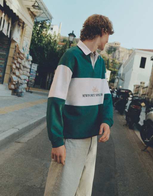 Pull&Bear polo à manches longues Newport Sport Club écru à rayures vertes, 5 de 7