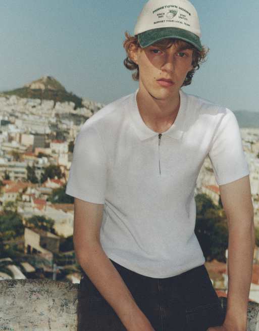 Pull&Bear polo a maniche corte con zip, bianco sporco, 4 di 7