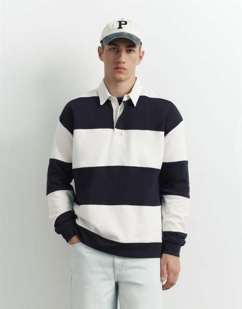 Pull&Bear polo a maniche lunghe a righe bianco sporco - view 1