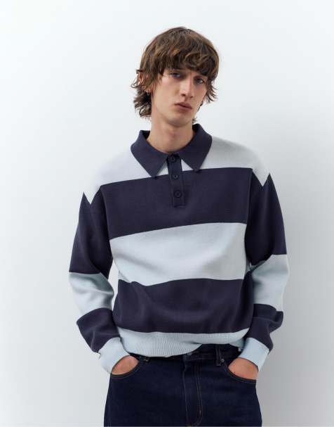 Pull&Bear - Polo a maniche lunghe celeste con pannelli - view 1