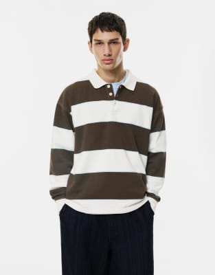 Pull & Bear - Polo à rayures brodé - Blanc cassé