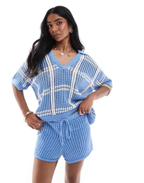 Pull&Bear - Polo d'ensemble à carreaux en maille crochetée - Bleu - view 1