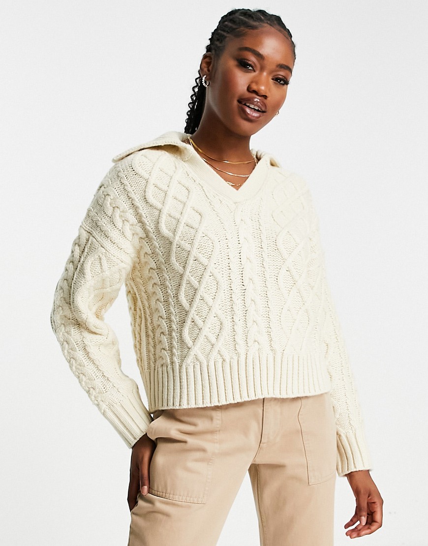 Pull & Bear polo detail cable knit sweater in ecru-Neutral