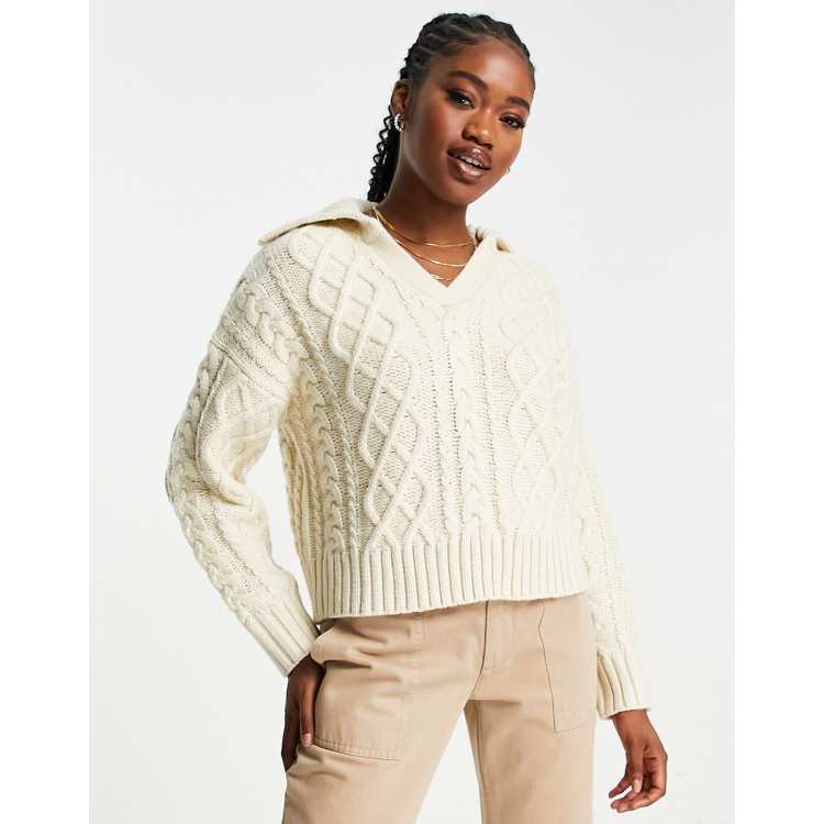 Pull&Bear polo detail cable knit sweater in ecru