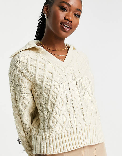 Pull&Bear polo detail cable knit sweater in ecru