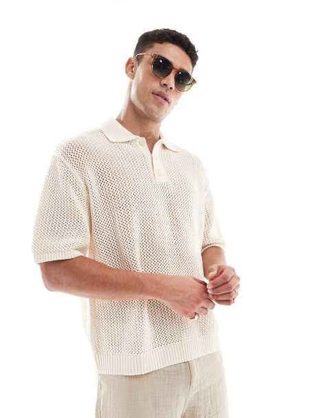 Pull&Bear - Polo écru in maglia sottile - view 1