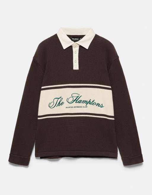 Pull&Bear polo en daim à manches longues imprimé graphique couleur chocolat, 5 de 7