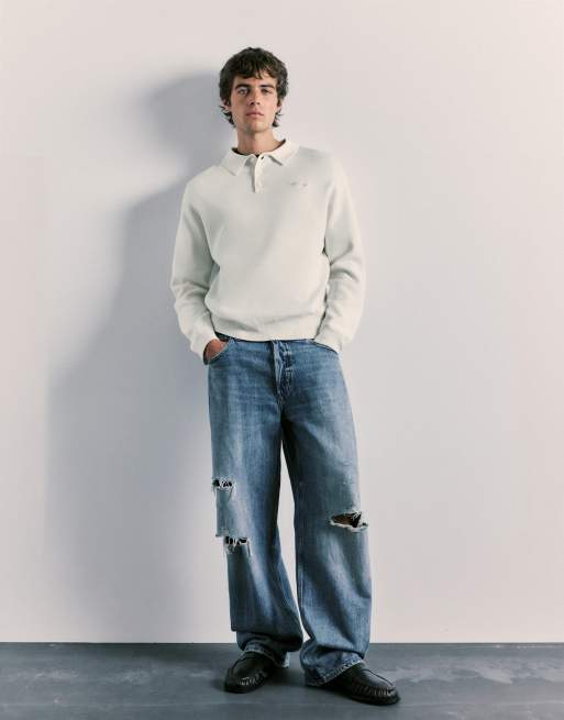 Pull&Bear polo en maille à manches longues blanc, 4 de 7
