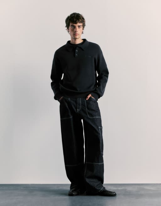 Pull&Bear polo en maille à manches longues noir, 4 de 7