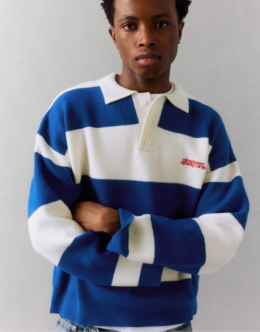 Pull&Bear polo en maille rayé à manches longues bleu/blanc, 6 de 7