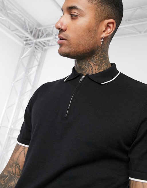 Pull&Bear polo in black with zip neck