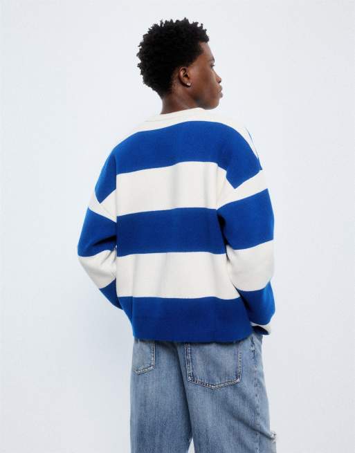 Pull&Bear polo in maglia a righe a maniche lunghe blu/bianca, 3 di 7