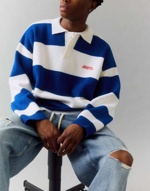 Pull&Bear polo in maglia a righe a maniche lunghe blu/bianca, 5 di 7