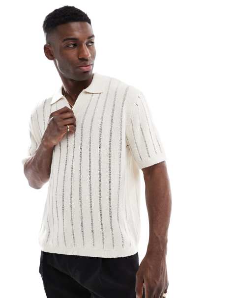 Pull&Bear - Polo in maglia a righe écru - view 1