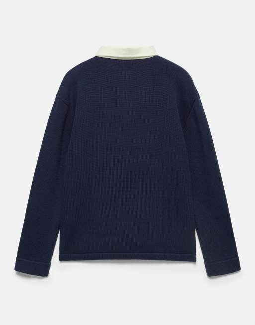 Pull&Bear polo in suede a maniche lunghe grafica blu navy, 6 di 7