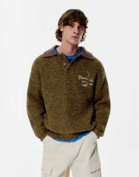Pull&Bear - Polo marrone a maniche lunghe con ricami - view 1
