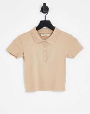 Pull&Bear polo neck detail cropped t-shirt in stone