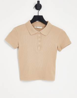 Pull & Bear Polo Neck Detail Cropped T-shirt In Stone-neutral