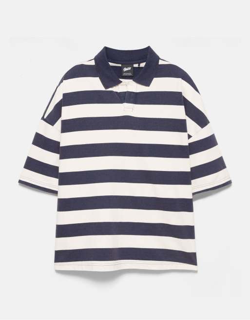 Pull&Bear - Polo oversize squadrata blu a righe, 4 di 4