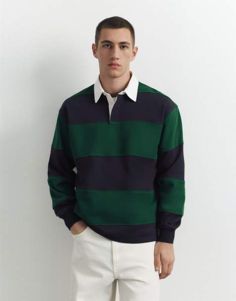Pull&Bear polo shirt met lange mouwen en strepen in flesgroen - view 1