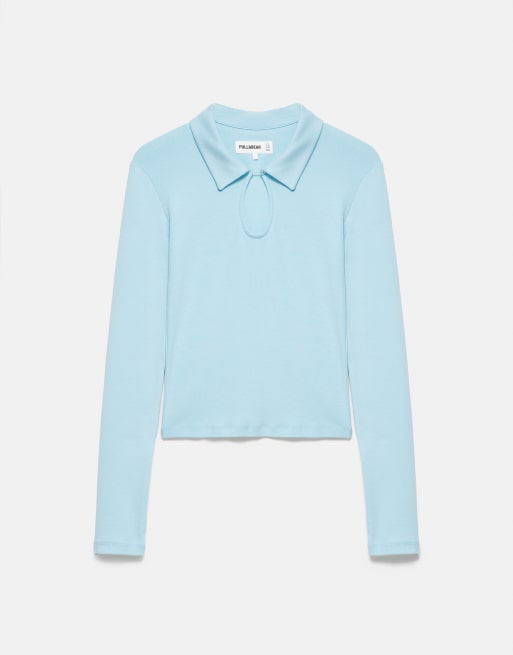 Pull&Bear polo shirt met lange mouwen en uitsnijding in lichtblauw, 5 van 7