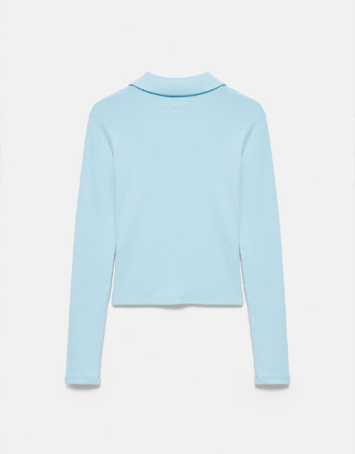 Pull&Bear polo shirt met lange mouwen en uitsnijding in lichtblauw, 7 van 7