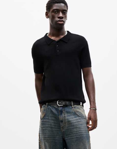 Pull&Bear - Polo van viscose met korte mouwen in zwart - view 1