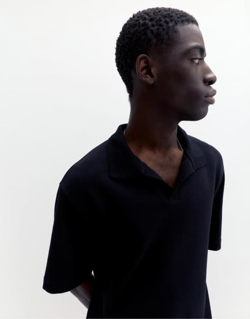 Pull&Bear - Poloshirt met korte mouwen en interlocknaden in zwart, 3 van 7