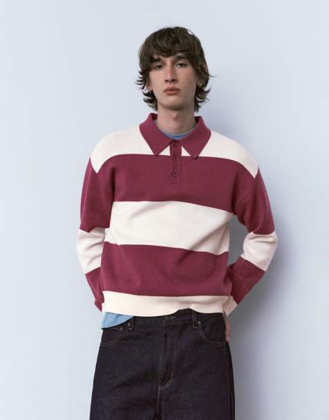 Pull&Bear - Poloshirt met lange mouwen en panelen in bordeauxrood - view 1