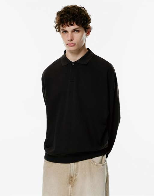 Pull&Bear - Poloshirt met lange mouwen in zwart