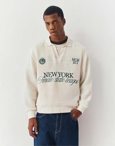 Pull&Bear - Poloshirt met New York-borduursel in gebroken wit - view 1