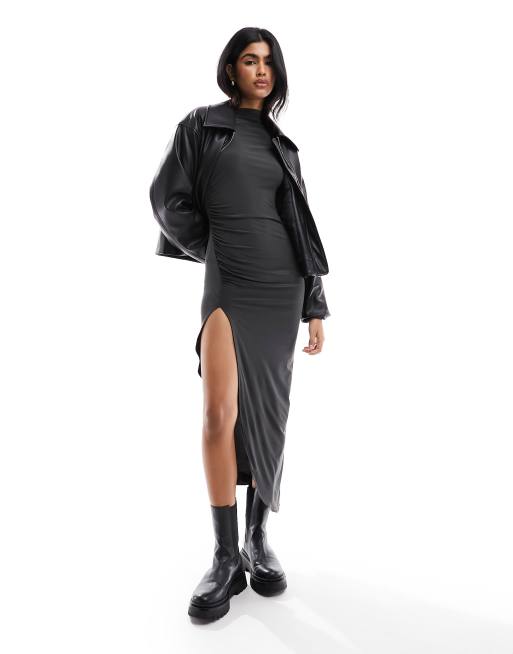 Pull&Bear polyamide asymmetric hem maxi dress with leg split in charcoal  gray | ASOS