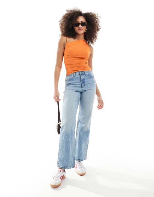 Pull&Bear polyamide asymmetric shoulder detail top in orange | ASOS 