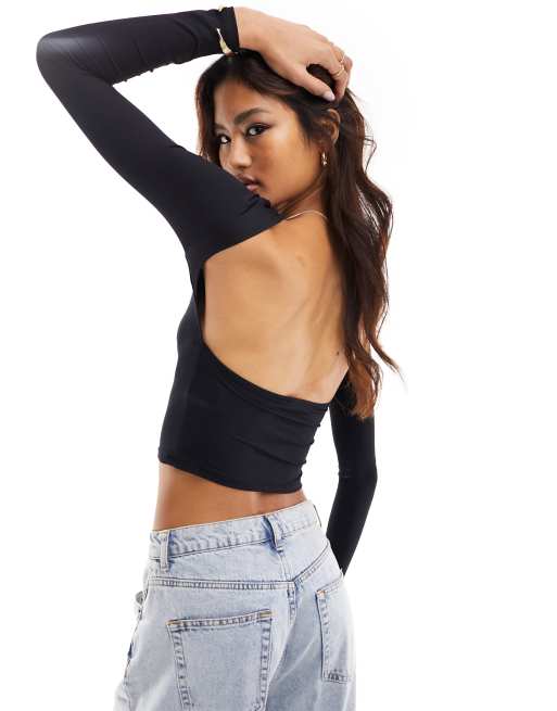 Black Backless Crop Top, Backless Long sleeve top