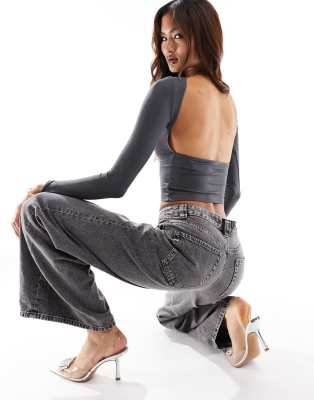 Pull & Bear polyamide backless long sleeved top in gray
