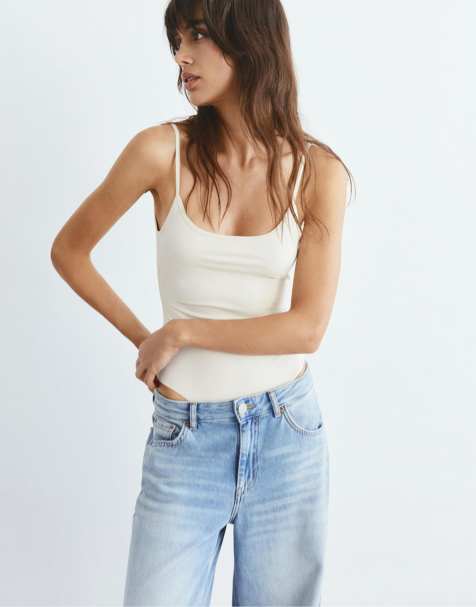 Pull&Bear Polyamide bodysuit with thin straps in cream - view 1