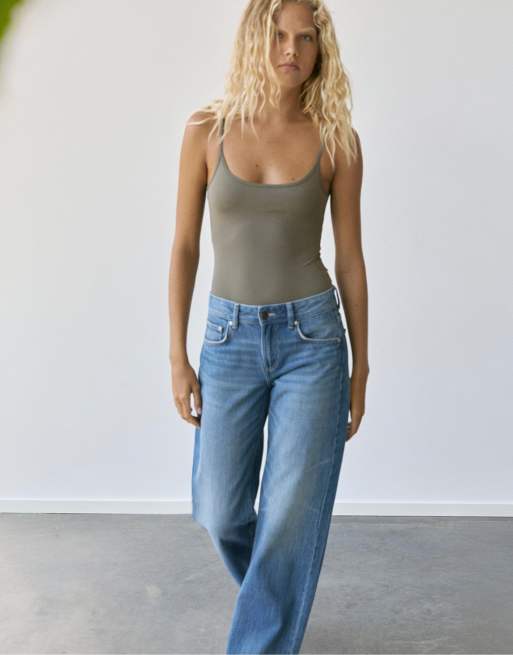 Pull&Bear polyamide bodysuit with thin straps in green, 4 of 7