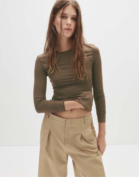 Pull&Bear Polyamide long sleeve top in brown - view 1