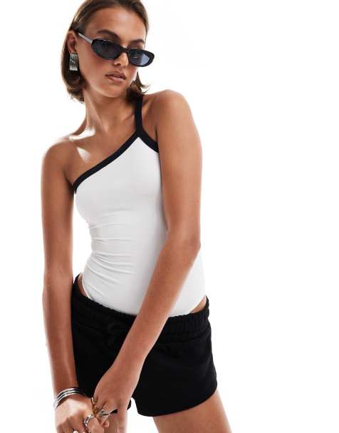 Pull&Bear polyamide one shoulder contrast bodysuit in white - view 1