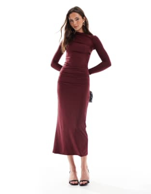 polyamide sculpt gathered detail maxi dress in burgundy