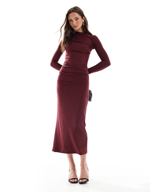 High-Neck Gathered Waist Burgundy Dress High-Neck Gathered Waist Burgundy Dress