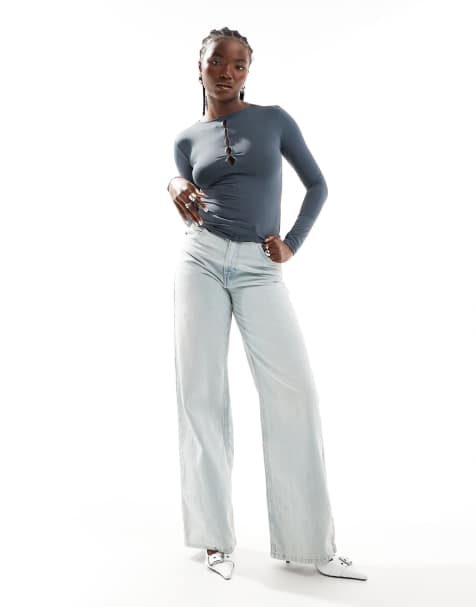 Pull&Bear polyamide sculpt keyhole detail long sleeved top in petrol blue - view 1